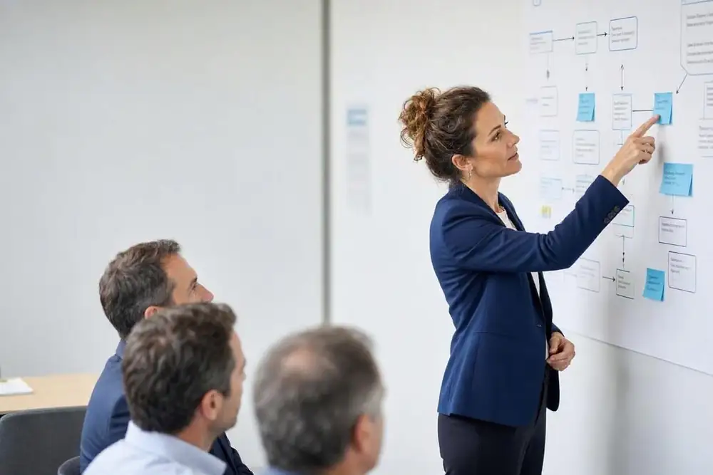 Consultant pointing at a process map on a wall during a business transformation workshop